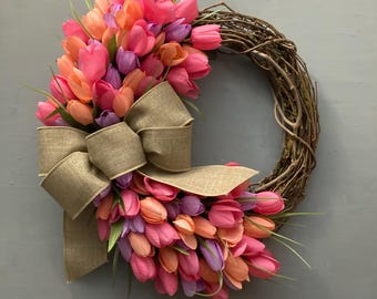 17 inch Spring Tulip Grapevine Wreath, Pink Purple Orange Tulips, Purple Blue, Pink Cream Tulips, Wreath with Tan Bow, Housewarming Gift