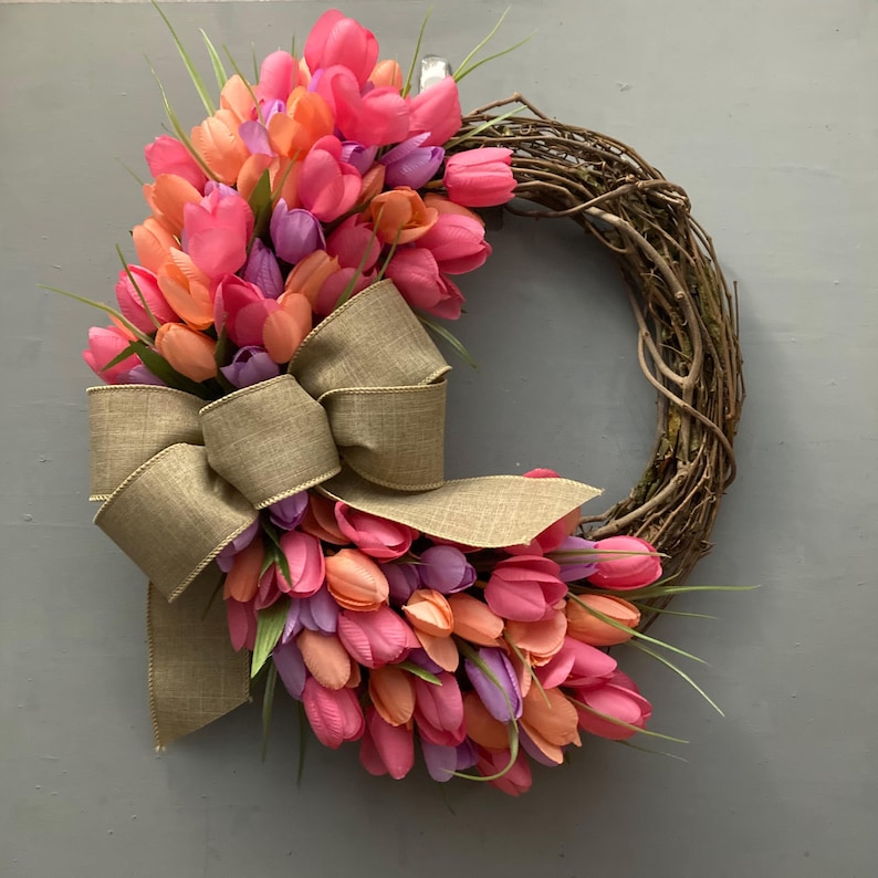 17 inch Spring Tulip Grapevine Wreath, Pink Purple Orange Tulips, Purple Blue, Pink Cream Tulips, Wreath with Tan Bow, Housewarming Gift Pink Purple Orange