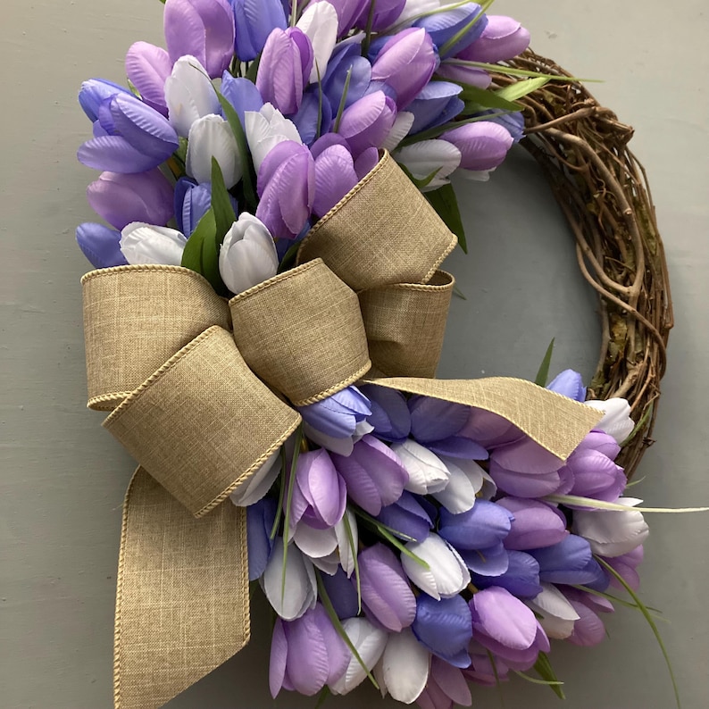 17 inch Spring Tulip Grapevine Wreath, Pink Purple Orange Tulips, Purple Blue, Pink Cream Tulips, Wreath with Tan Bow, Housewarming Gift image 11