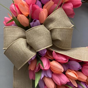 17 inch Spring Tulip Grapevine Wreath, Pink Purple Orange Tulips, Purple Blue, Pink Cream Tulips, Wreath with Tan Bow, Housewarming Gift image 9