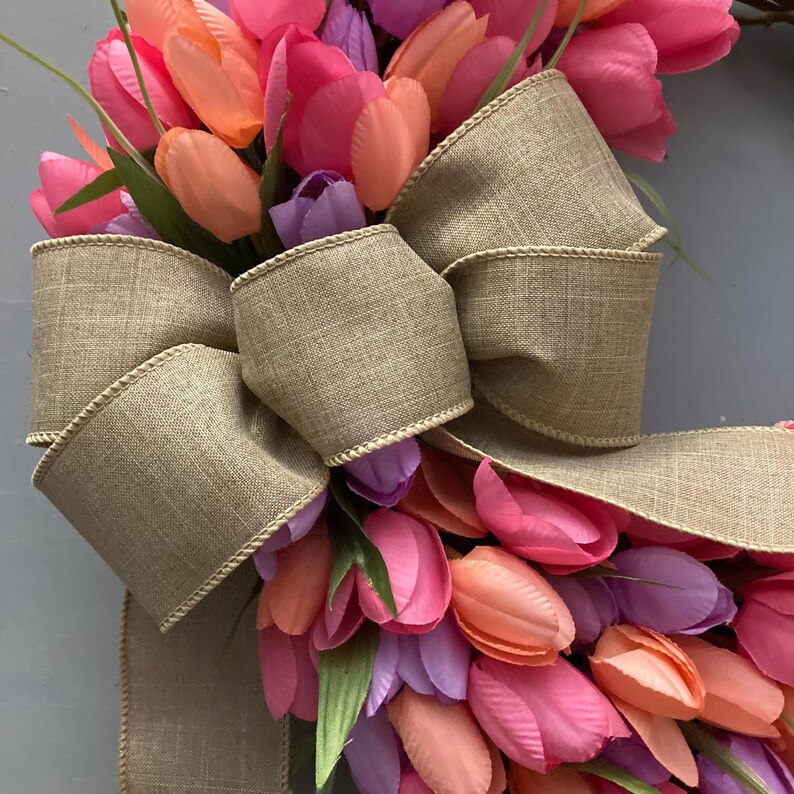 17 inch Spring Tulip Grapevine Wreath, Pink Purple Orange Tulips, Purple Blue, Pink Cream Tulips, Wreath with Tan Bow, Housewarming Gift image 9
