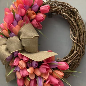 17 inch Spring Tulip Grapevine Wreath, Pink Purple Orange Tulips, Purple Blue, Pink Cream Tulips, Wreath with Tan Bow, Housewarming Gift image 10