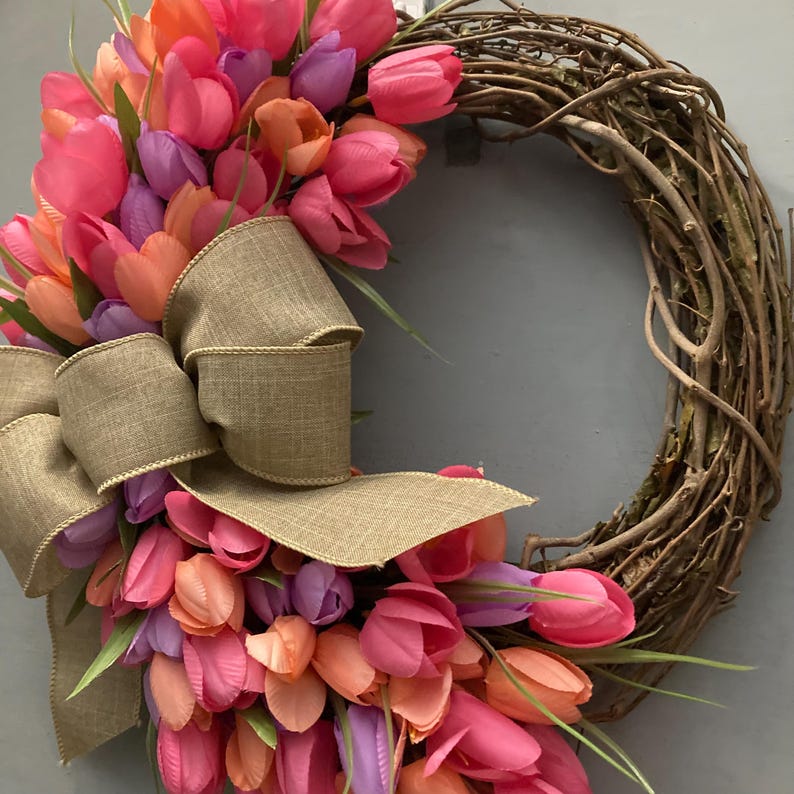 17 inch Spring Tulip Grapevine Wreath, Pink Purple Orange Tulips, Purple Blue, Pink Cream Tulips, Wreath with Tan Bow, Housewarming Gift image 10