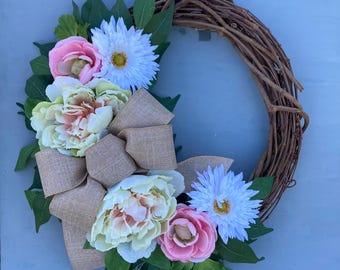 18 inch Peony Ranunculus Daisy Grapevine Wreath with Bow, Summer Front Door Decor, Spring Floral Wreath for Porch, Everyday Cottagecore