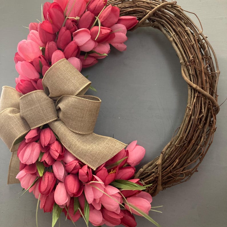 17 inch Spring Tulip Grapevine Wreath, Pink Purple Orange Tulips, Purple Blue, Pink Cream Tulips, Wreath with Tan Bow, Housewarming Gift image 14