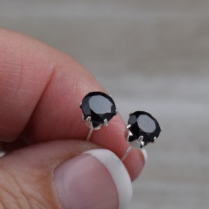 Black Spinel Stud Earrings - Sterling Silver - Genuine Spinel Faceted Gemstone Studs - 6 mm