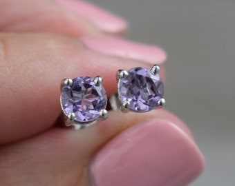 Brazil Amethyst Stud Earrings (Sterling Silver) - Natural Faceted Gemstone - 5 or 5.5 mm