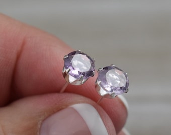 Brazil Amethyst Stud Earrings - Sterling Silver - Natural Gemstone Faceted Studs - 5 or 6 mm