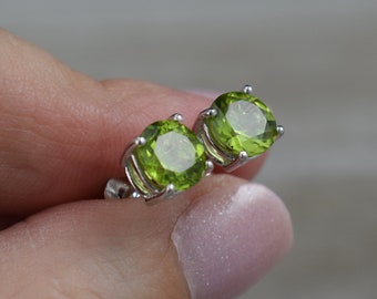 Peridot Stud Earrings (Sterling Silver) - Large Natural Faceted Gemstone - 7 mm Round