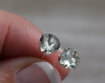 Green Amethyst Stud Earrings - Sterling Silver - Genuine Faceted Gemstone Studs - 6 mm