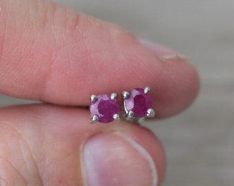 Ruby Stud Earrings (Sterling Silver) - Dainty Ruby Gemstone Studs - 4 mm