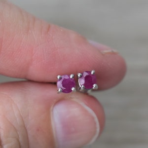 Ruby Stud Earrings (Sterling Silver) - Dainty Ruby Gemstone Studs - 4 mm