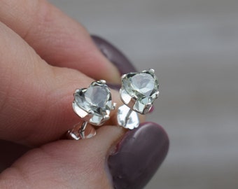 Green Amethyst Heart Stud Earrings (Sterling Silver) - Natural Faceted Gemstone  - 5 or 6 mm