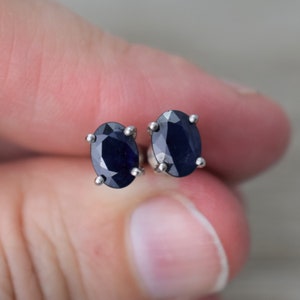 Blue Sapphire Stud Earrings (Sterling Silver) - Natural Sapphire Oval Studs - 5 x 7  mm