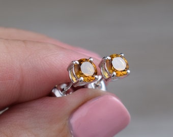 Golden Citrine Stud Earrings (Sterling Silver) - Natural Faceted Gemstone - 5 mm Round