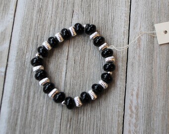 Black Onyx Elastic Bracelet - Smooth Black Onyx Rondelles with Varigated Silver Plated Accent Beads - Natural Semi precious Stone.