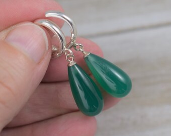 Green Onyx Teardrop Earrings - Natural Green Green Onyx - Sterling Silver Huggie