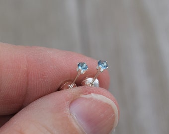 London Blue Topaz Mini Stud Earrings (Sterling Silver) - Natural Faceted Gemstone - 2.5 or 3 mm
