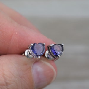 Iolite Heart Stud Earrings (Sterling Silver) - Natural Faceted Gemstone - 6 mm
