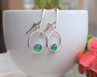 Green Onyx drop Earrings -  Bezel Set in Sterling Silver Round Frame - Natural Gemstone Leverback Earrings