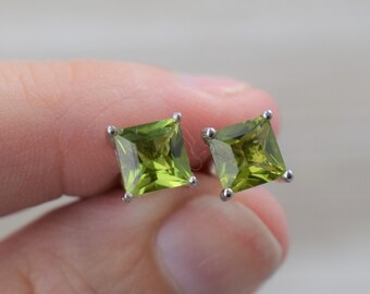 Peridot Stud Earrings (Sterling Silver) - Natural Gemstone - 6 mm Square