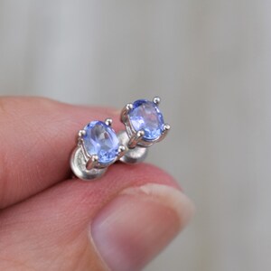 Tanzanite Stud Earrings (Sterling Silver) - Natural Faceted Gemstone Studs - 5 x 4 mm Oval