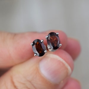 Garnet Stud Earrings (Sterling Silver) - Red - Natural Faceted Gemstone - 5X7 Oval