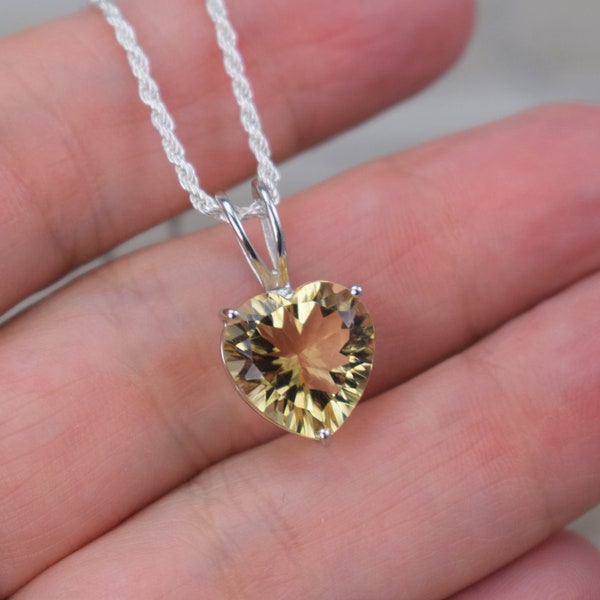 Citrine Heart Pendant Necklace (Sterling Silver) - Concave Cut Natural Yellow Citrine - 12 mm