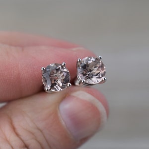 Morganite Stud Earrings (Sterling Silver) - Peach - Natural Faceted Gemstone - 6 or 7 mm Round