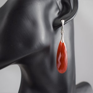 Red Onyx Briolette Drop Earrings - Sterling Silver Leverback - Dramatic Faceted Long Pear Shape