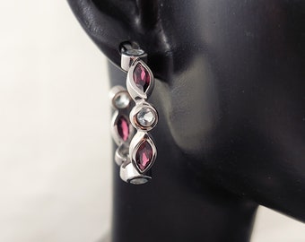 Rhodolite and Blue Topaz Earrings - Mixed Shape - Sterling Silver Gemstone Hoop Stud Earrings - Rhodolite Garnet and Sky Blue Topaz