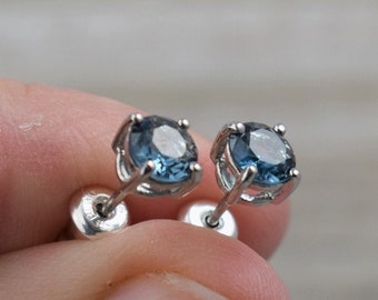 London Blue Topaz Stud Earrings (Sterling Silver) - Genuine Faceted Gemstone Studs - 5 mm