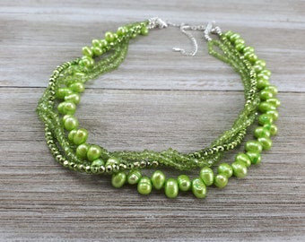 Peridot & Pearl Torsades Necklace - Multistrand Peridot Necklace - Sterling Silver - Special Occasion Wear