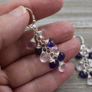 Amethyst and Rose Quartz Briolette Cluster Earrings (Sterling Silver) -  Wire Wrapped Drop Earrings