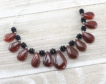 Brown and Black Onyx Bib Necklace - Semi precious stone - Pear Shape Briolette  Necklace - Statement Necklace