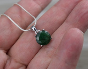 Emerald Pendant / Necklace - Large Round Faceted Gemstone - 10 mm - Sterling Silver - Choice of Chain