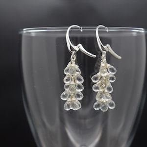 White Topaz Cluster Earrings (Sterling Silver) - Faceted White Topaz Drops -  Wire Wrapped Drop Earrings