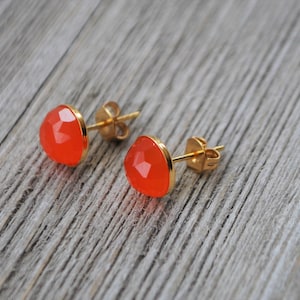 Mandarin Carnelian Stud Earrings - Natural AAA Rose Cut Stones - Gold Vermeil Bezel and Posts - Faceted Orange Gemstone Earrings