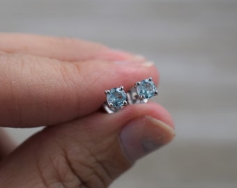 Blue Zircon Stud Earrings (Sterling Silver) - Natural Faceted Gemstone Studs - 4 mm