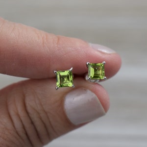 Peridot Stud Earrings (Sterling Silver) - Natural Gemstone - 4.5 mm Square