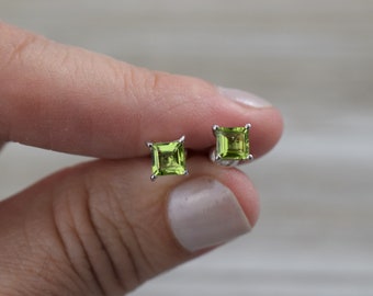 Peridot Stud Earrings (Sterling Silver) - Natural Gemstone - 4.5 mm Square