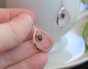 Gemstone drop Earrings - Bezelled Stone in Sterling Silver Frame - Choice of Garnet, Blue Topaz, Labradorite, Rose Quartz or Smoky Quartz