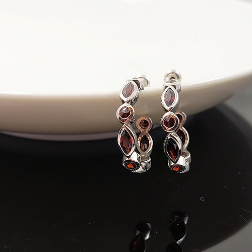 Garnet Earrings - Dark Red shops Garnet - Mixed Shape - Sterling Silver Gemstone Hoop Stud Earrings