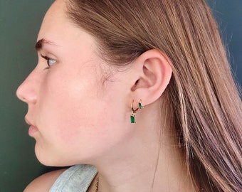 Mini CZ Layer Hoop Earrings In Sterling Silver And Gold, Emerald Green, Sapphire Blue And Clear