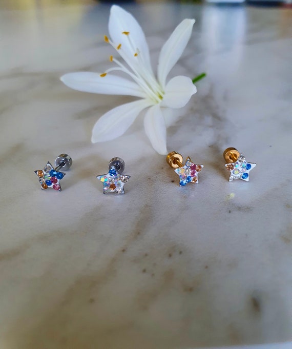 Screw in Titanium Rainbow Star Earrings, Hypoallergenic Children's