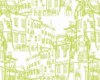 Pepe in Parijs - Gebouwen Lime By per meter (1.1 yard). Riley Blake ontwerpt 100% katoenen quiltstof.