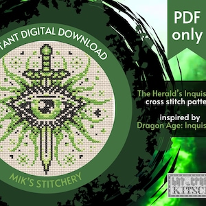 Peut inclure: Un modèle de point de croix au format PDF téléchargeable instantanément, inspiré de Dragon Age: Inquisition. Le motif représente un œil vert traversé d'une épée, entouré d'une étoile verte et blanche.