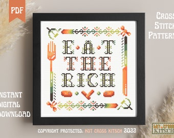 Eat the Rich Cross Stitch Pattern: Anti-capitalist Political Embroidery (PDF Pattern)