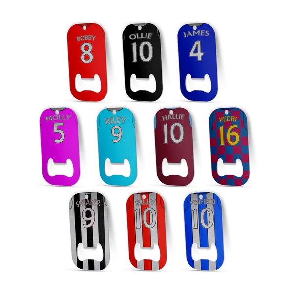 Football key ring bottle opener- You choose the design! Any name and number // double sided // personalised // customised // football kit