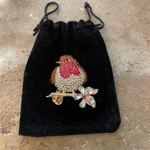 May include: A jeweled bird brooch with a red breast, brown wings, and a clear crystal body, perched on a gold-toned branch with a crystal flower. The brooch is set against a black velvet drawstring bag.